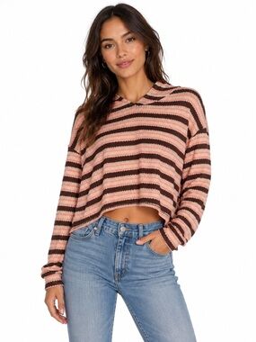 Lush Women's Cropped Hoodie Sweater Long Sleeve Coral-Brown, Size M, NWT